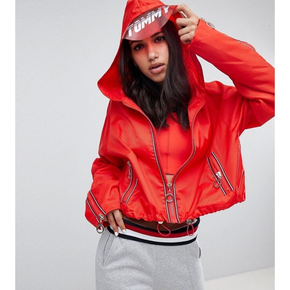 Tommy X Gigi Hadad Visor K-Way Jacket Flame Scarlet-Red Front Zip Mesh Lining SM